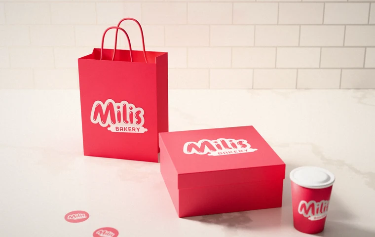 Milis Bakery identity on a kraft bag with a sticker seal, a ribboned pastry box and a paper coffee cup on a marble counter